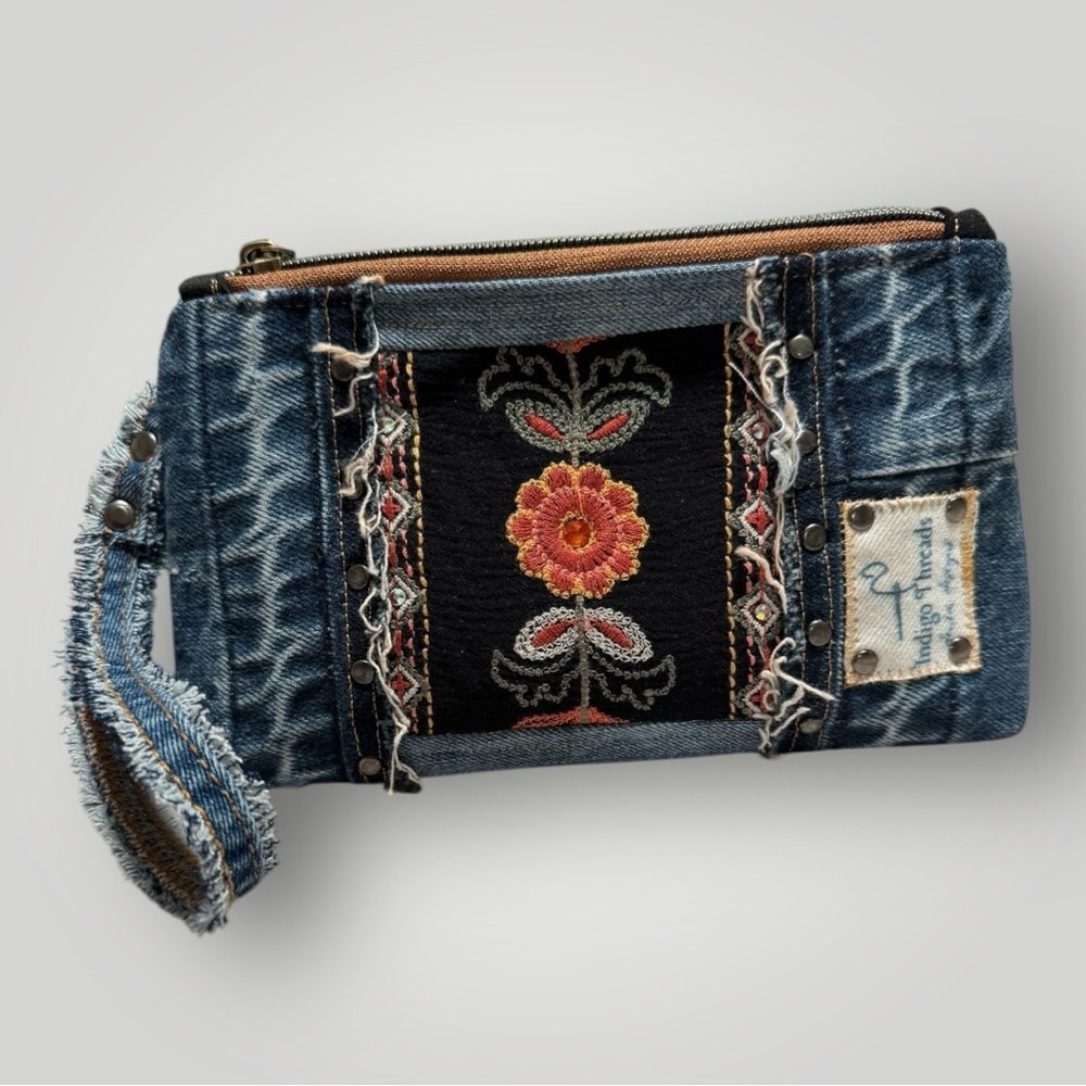 One-of-a-Kind Denim Patchwork Wristlet Clutch – Wallet, 7.5”x5”, 3 Card Slots